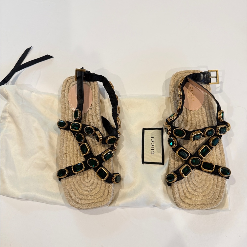 Gucci Women's Black and Tan Embellished Sandals